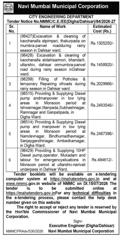 Navi Mumbai Municipal Corporation Tender Notice No. NMMC/C.E./EE(Digha/Dahisar)/8/2026-27