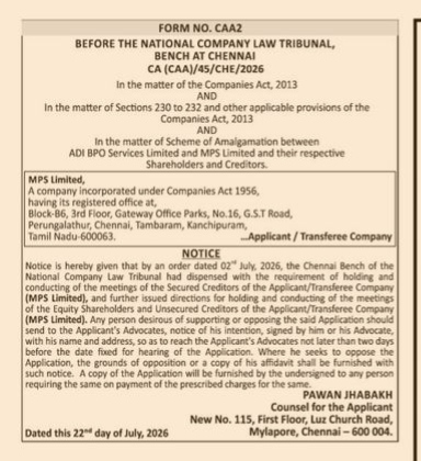 NCLT Chennai Notice: Scheme of Amalgamation (ADI BPO Services & MPS Limited)