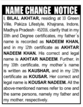 Newspaper Affidavit for Correction of Parents' Names in Educational Certificates
