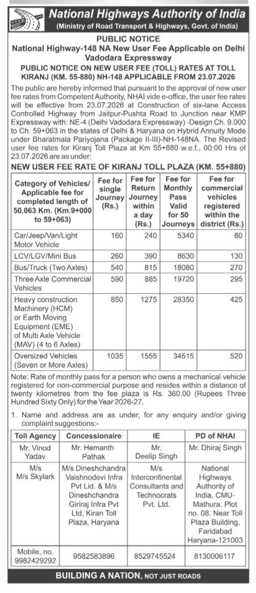NHAI Public Notice: New Toll Rates for Kiranj Toll Plaza on Delhi-Vadodara Expressway (NH-148NA)