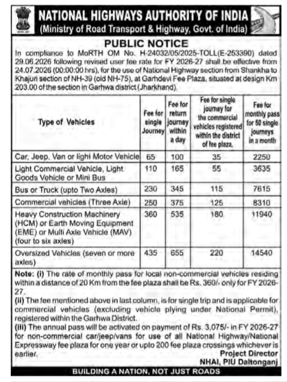 NHAI Public Notice: Revised User Fee Rates for Garhdevi Fee Plaza (FY 2026-27).