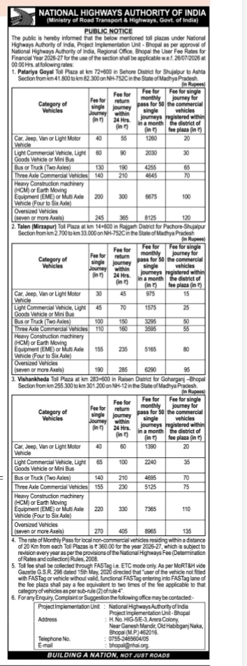 NHAI Public Notice: User Fee Rates for Toll Plazas in Madhya Pradesh (FY 2026-27)