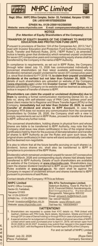 NHPC Limited Notice: Transfer of Equity Shares to Investor Education and Protection Fund (IEPF)