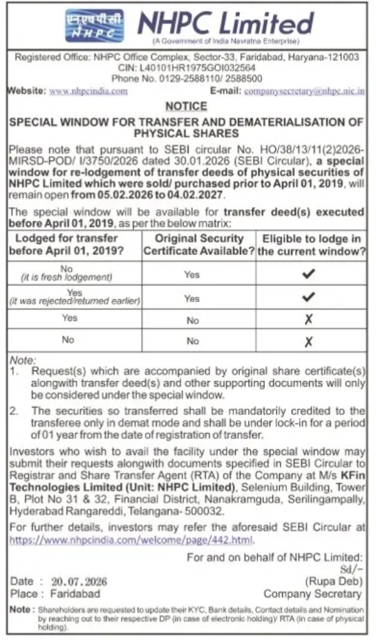 NHPC Limited Public Notice: Special Window for Transfer and Dematerialisation of Physical Shares (2026-2027)