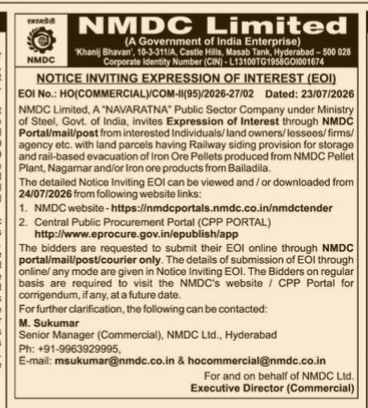 NMDC Limited Notice Inviting Expression of Interest (EOI) for Land Parcels with Railway Siding