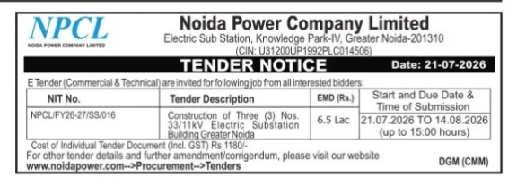 Noida Power Company Limited (NPCL) Tender Notice for Substation Building Construction