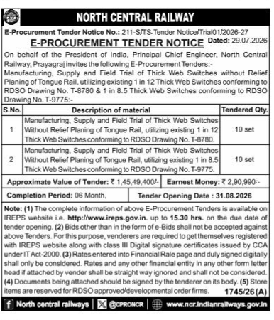 North Central Railway E-Procurement Tender Notice (July 2026)