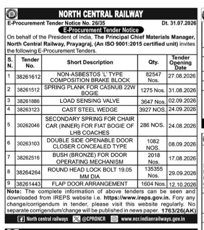 North Central Railway E-Procurement Tender Notice No. 26/35 (Dt. 31.07.2026)
