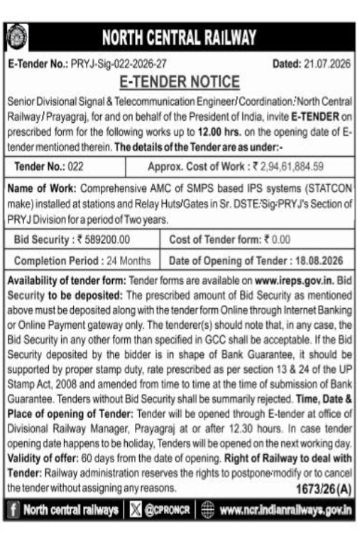 North Central Railway E-Tender Notice 2026