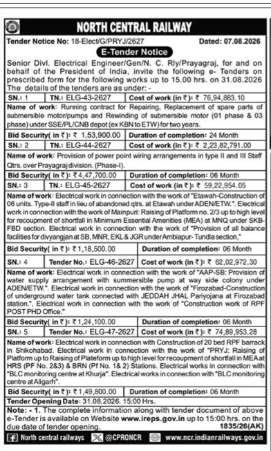 North Central Railway E-Tender Notice (August 2026)