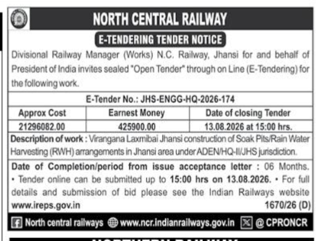 North Central Railway E-Tender Notice: Jhansi Soak Pits & Rain Water Harvesting Construction