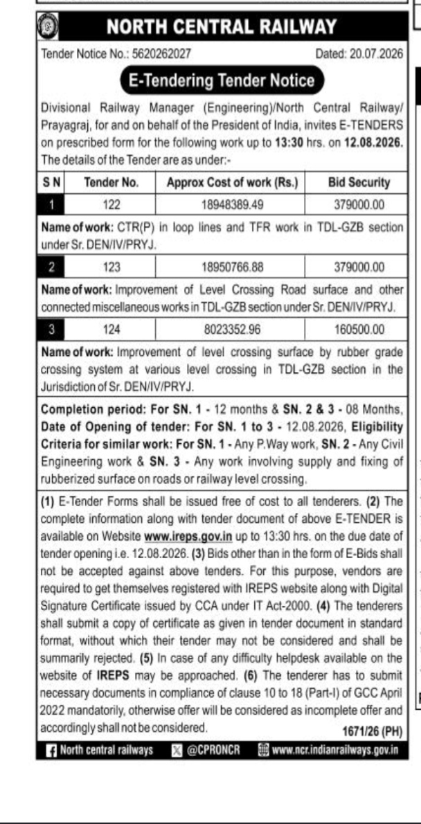 North Central Railway E-Tender Notice (July 2026)
