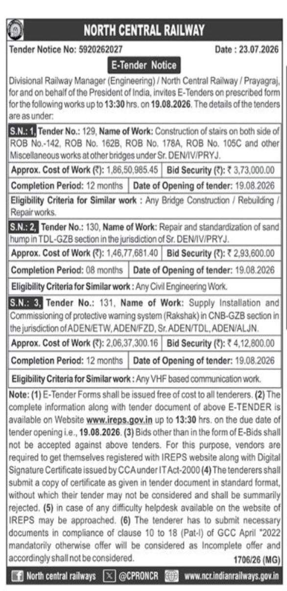 North Central Railway E-Tender Notice (July 2026)