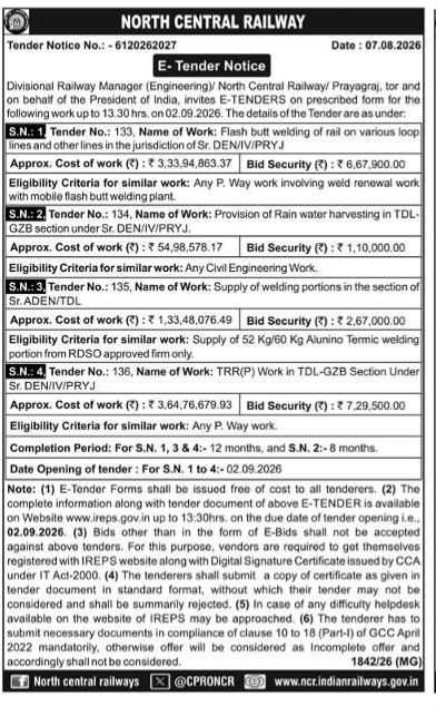 North Central Railway E-Tender Notice (No. 6120262027)