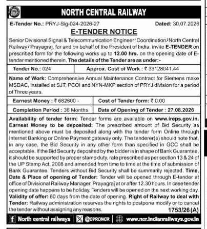 North Central Railway E-Tender Notice (No. PRYJ-Sig-024-2026-27)
