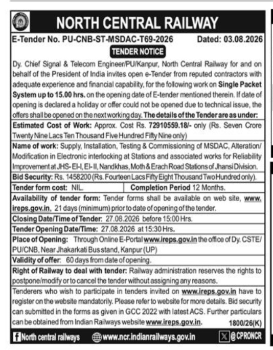 North Central Railway E-Tender Notice (No. PU-CNB-ST-MSDAC-T69-2026)