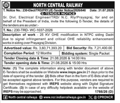 North Central Railway E-Tender Notice (T. No.: 230-TRD-WC-1037-2026