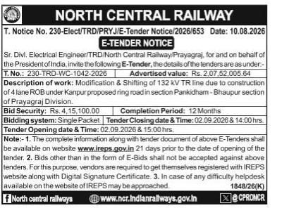 North Central Railway E-Tender Notice (T. Notice No. 230-Elect/TRD/PRYJ/E-Tender Notice/2026/653)