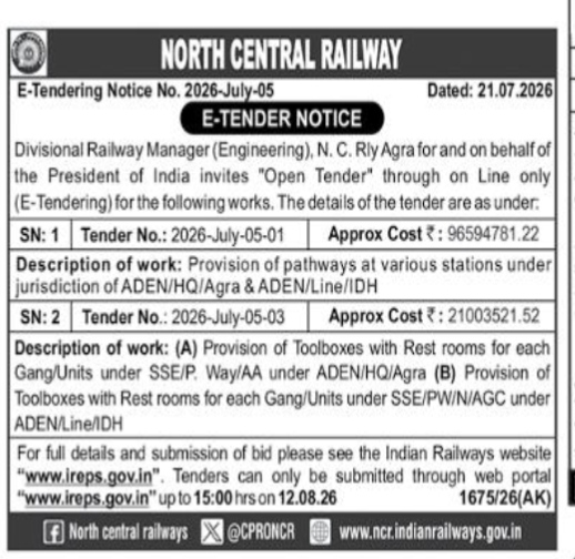 North Central Railway E-Tender Notice