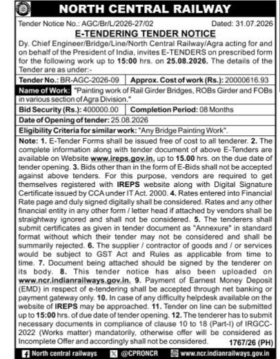 North Central Railway E-Tendering Tender Notice for Rail Girder Bridge Painting