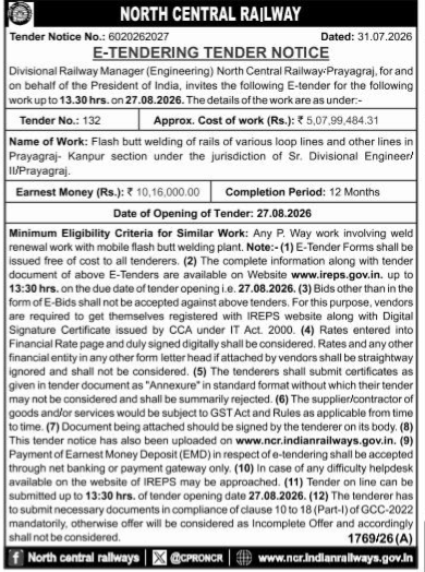 North Central Railway E-Tendering Tender Notice (Tender No. 132)