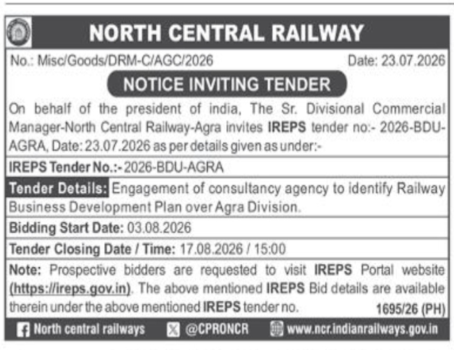 North Central Railway Notice Inviting Tender (IREPS Tender No. 2026-BDU-AGRA) for Business Development Plan Consultancy over Agra Division