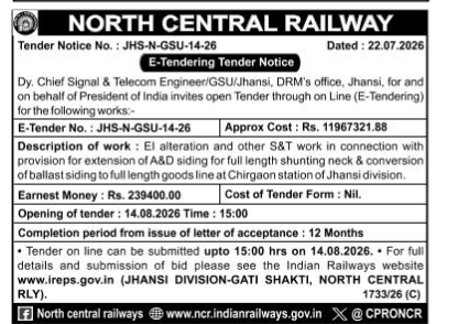 North Central Railway Open Tender Notice (JHS-N-GSU-14-26)