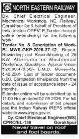 North Eastern Railway E-Tender Notice (Tender No. EL-MWS-GKP-2026-27-12)