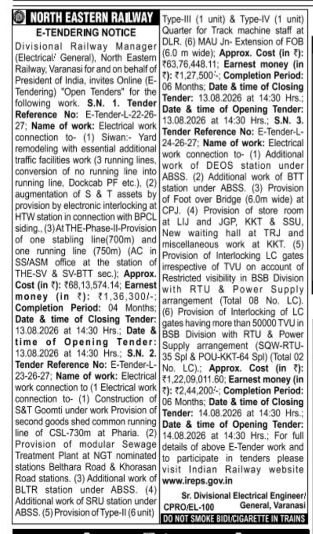 North Eastern Railway E-Tendering Notice (Varanasi Division)