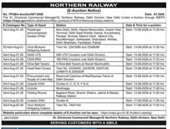Northern Railway E-Auction Notice (Delhi Division - August 2026)
