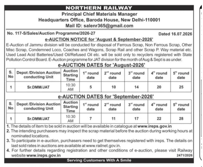 Northern Railway e-Auction Notice for August & September 2026