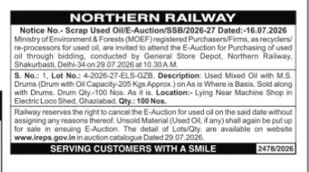 Northern Railway E-Auction Notice for Scrap Used Oil (July 2026)