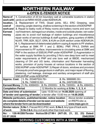 Northern Railway e-Open E-Tender Notice (July 2026)