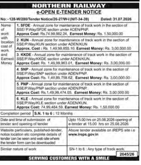 Northern Railway e-Open E-Tender Notice (July 2026)