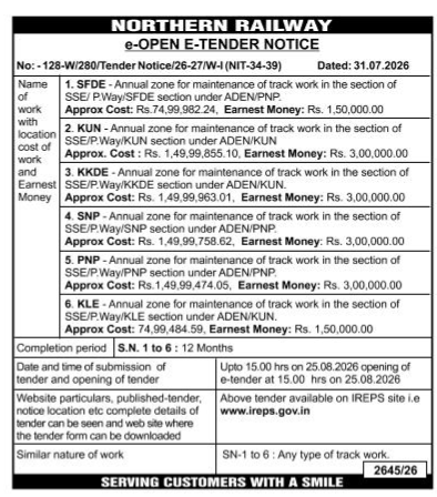 Northern Railway e-Open E-Tender Notice