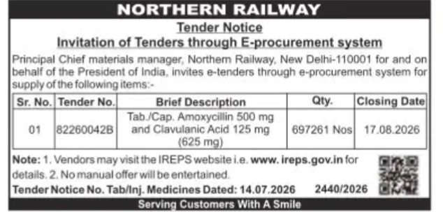 Northern Railway E-Procurement Tender Notice for Amoxicillin and Clavulanic Acid Tablets/Capsules (Tender No. 82260042B)