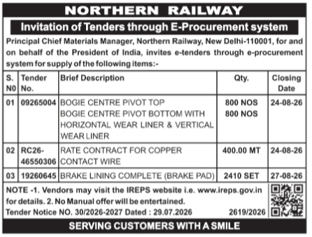 Northern Railway E-Procurement Tender Notice (July 2026)