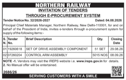 Northern Railway E-Procurement Tender Notice (No. 32/2026-2027)