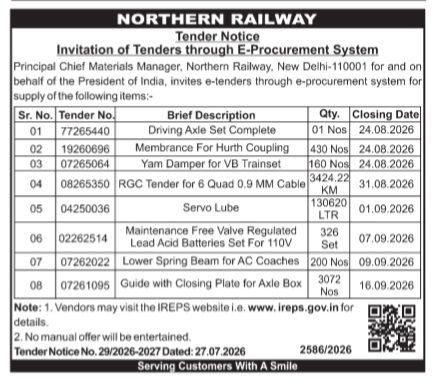 Northern Railway E-Procurement Tender Notice
