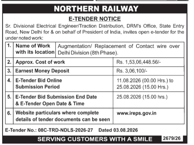 Northern Railway E-Tender Notice: Augmentation/Replacement of Contact Wire (Delhi Division, 8th Phase)