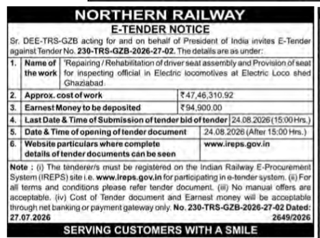 Northern Railway E-Tender Notice: Electric Locomotive Seat Repairing & Provision Work at Ghaziabad