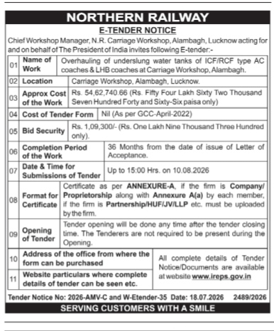 Northern Railway E-Tender Notice for Carriage Workshop Alambagh