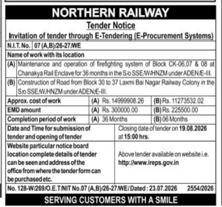 Northern Railway E-Tender Notice for Maintenance and Road Construction Works (July 2026)