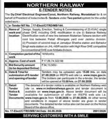Northern Railway E-Tender Notice for OHE Electrification Works (August 2026)