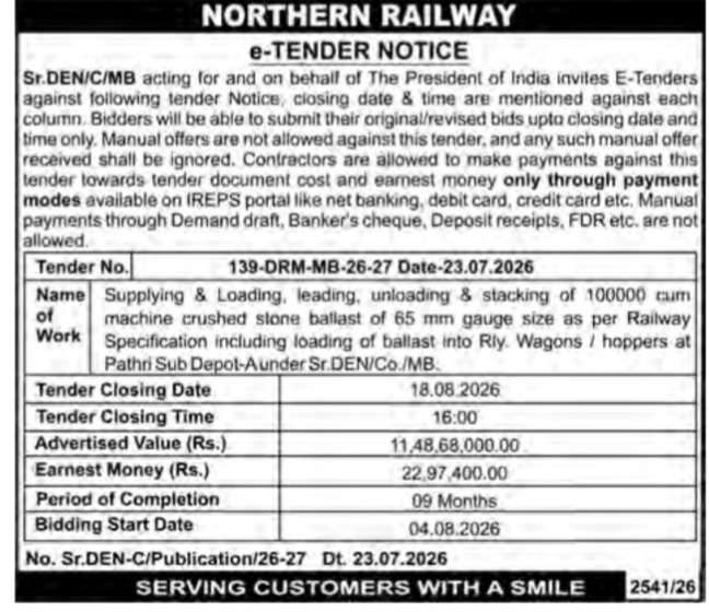 Northern Railway e-Tender Notice for Stone Ballast Supply