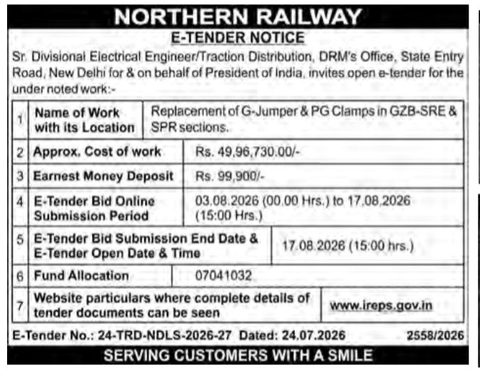 Northern Railway E-Tender Notice for Traction Distribution Works (2026)