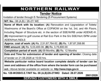 Northern Railway E-Tender Notice (NIT No. 08 (A,B) / 26-27/ WE)