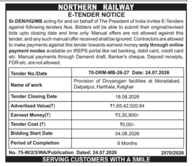 Northern Railway E-Tender Notice: Provision of Divyangjan Facilities (Tender No. 70-DRM-MB-26-27)