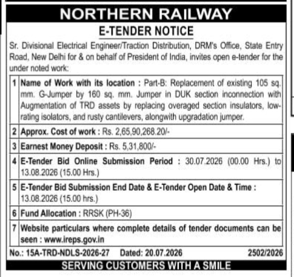 Northern Railway E-Tender Notice: Replacement and Upgradation of TRD Assets (July 2026)