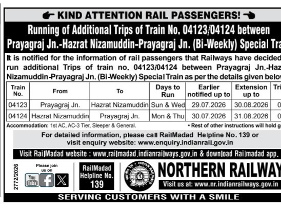 Northern Railway Notice: Extension of Special Trains Between Prayagraj and Hazrat Nizamuddin